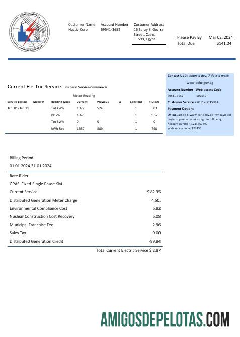 para download Egito Modelo de conta de serviço público de eletricidade egípcia em formatos Word e PDF